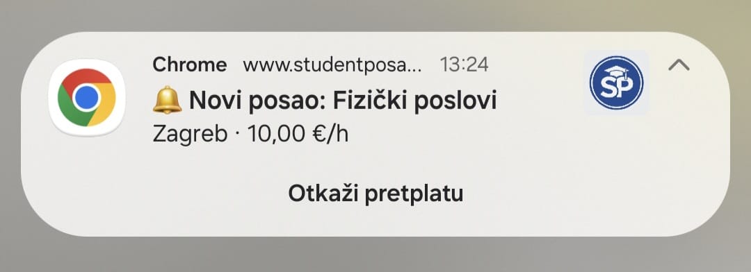 Primjer push obavijesti za novi studentski posao